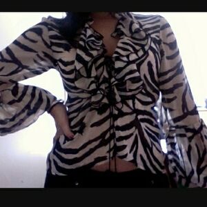 Whimsigoth Y2k Zebra Pattern Tie Ruffle Blouse